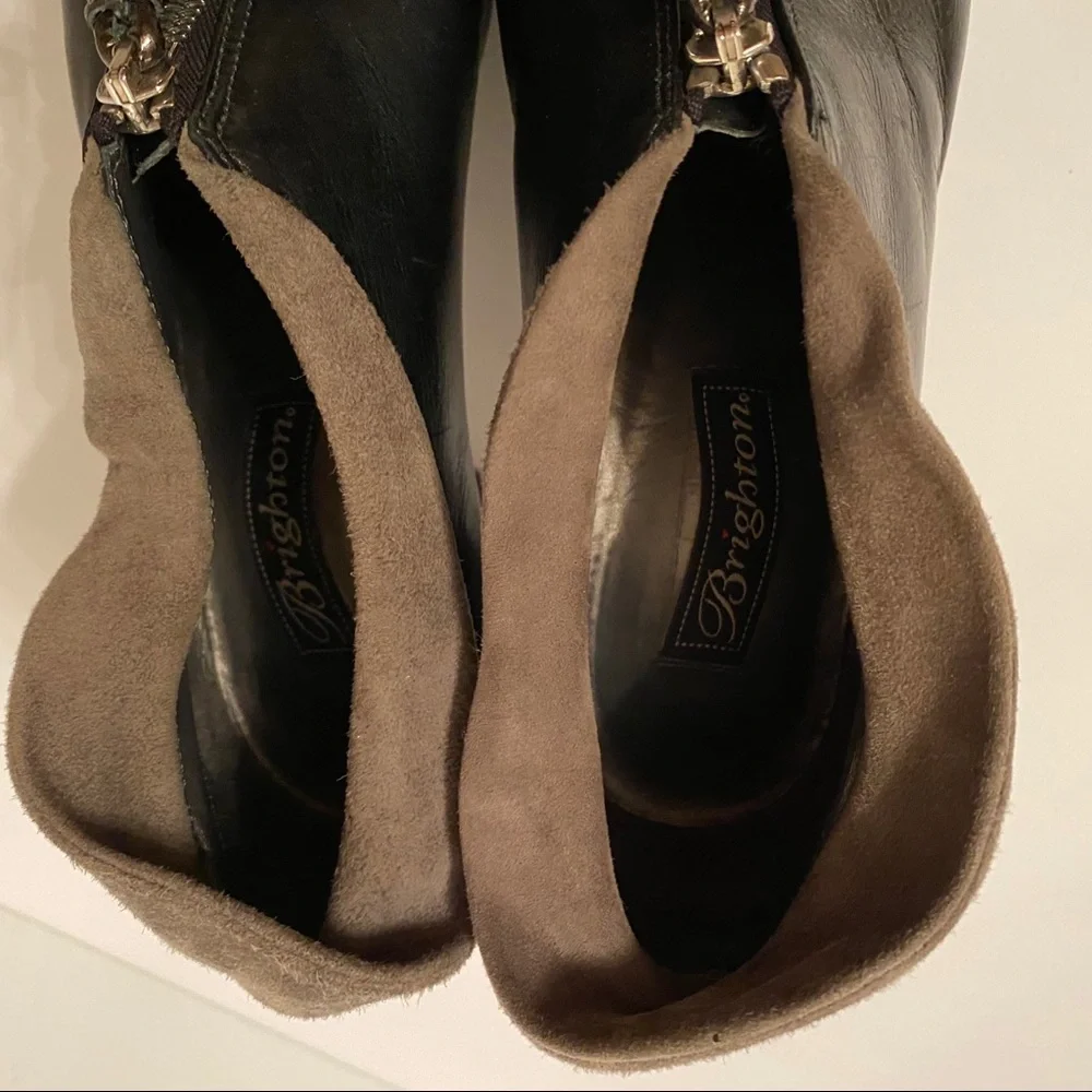 BRIGHTON SHOES HEELS ANKLE BOOTIES BLACK STACEY LEATHER GRAY SUEDE 8.5 M